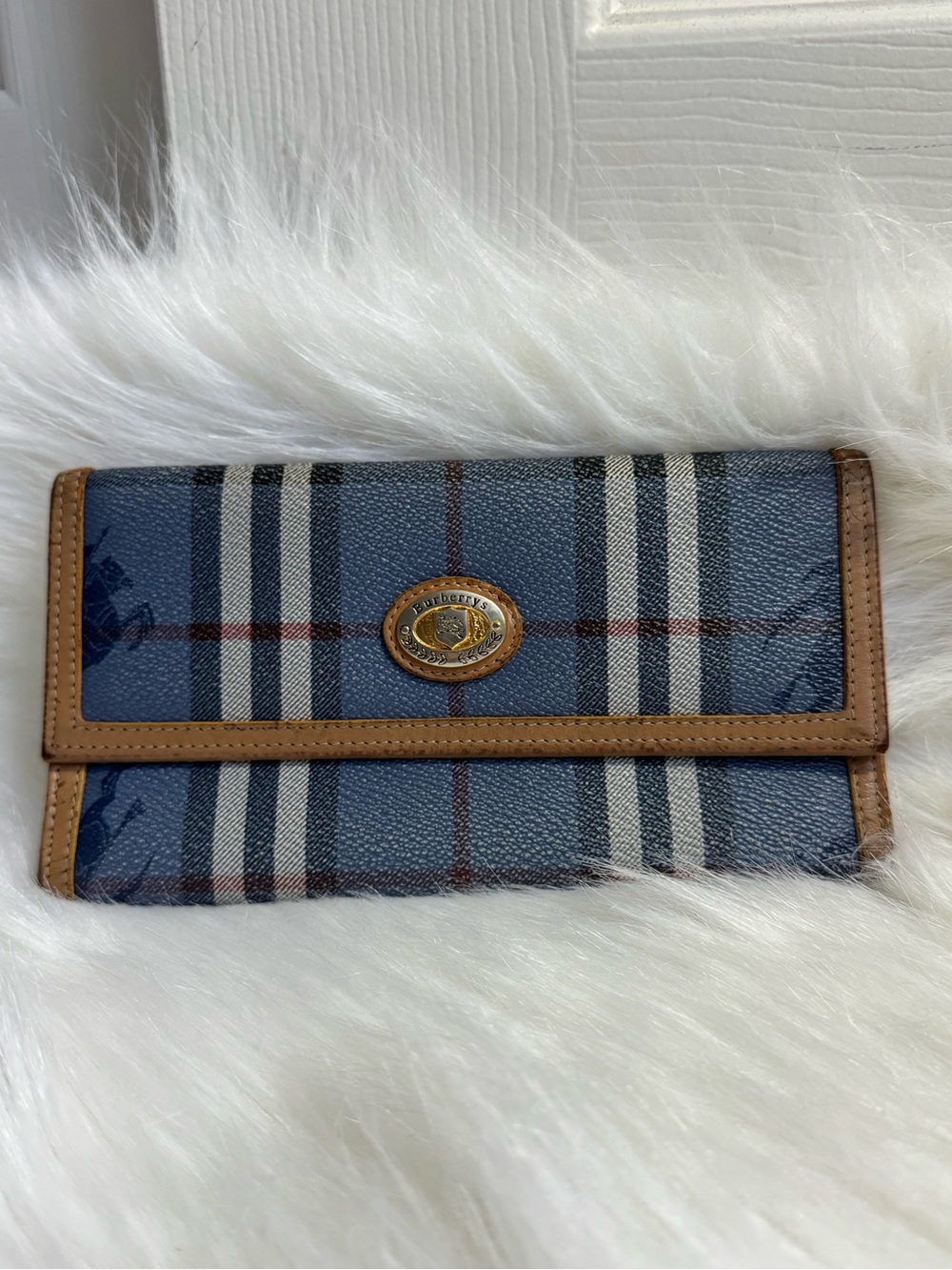 Vintage Burberrys Blue Plaid Nova Check Long Wallet Leather Trim